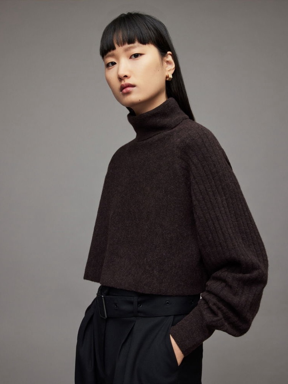 NWT $329 ALL SAINTS Margot Jumper Wool Blend Cropped Sweater, Bitter Brown - Picture 7 of 16